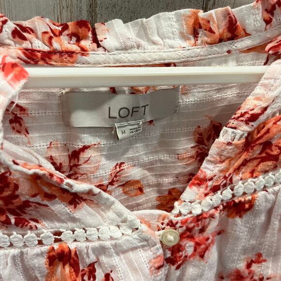 Loft White Floral Lightweight Cotton Button Front Gauzy Breezy Top Lace Medium - Picture 3 of 8